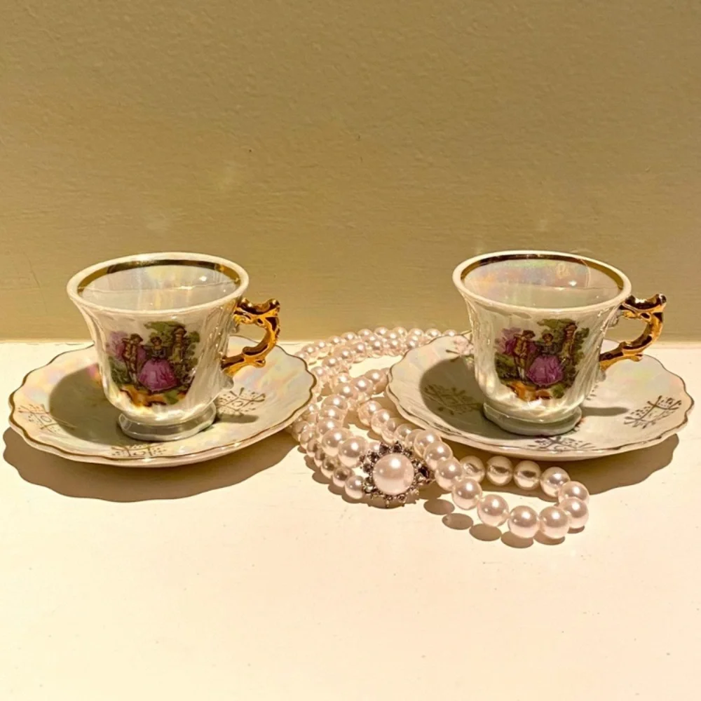 Victorian Lovers Teacups Courting Couple 1900s Japan 24K Gold Pearl Demitasse